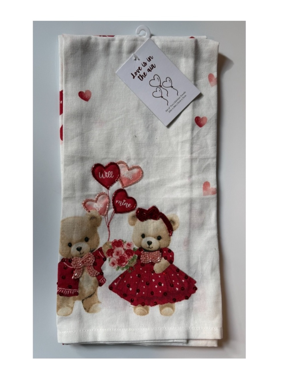 Women's Valentine Teddy Robe Accent Towel - White with Red and Pink Hearts